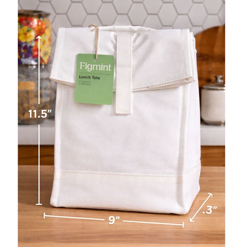 Figmint Insulated Lunch Tote White Canvas Minimalist  Bag New Fold Over Closure‎